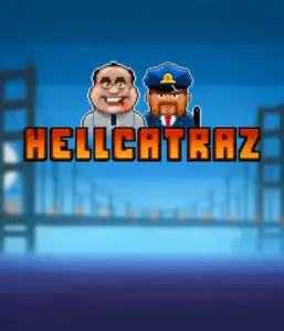 Dive into the exciting world of the Hellcatraz game by Relax Gaming, highlighting a cartoonish prisoner and a guard with the infamous Alcatraz prison and San Francisco skyline in the background. This image depicts the adventure and mischief of an Alcatraz-inspired game, great for those who enjoy playful themes, delivering a captivating adventure. 